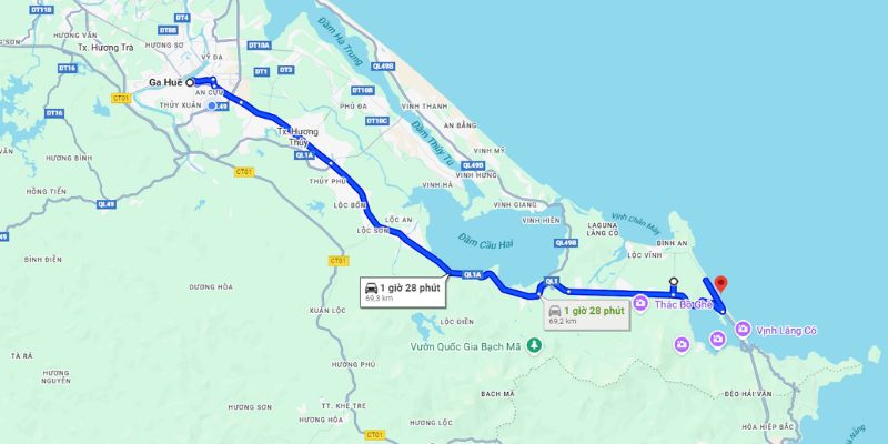 Lộ trình di chuyển từ trung tâm Huế với hành trình khoảng 70km