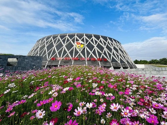 Không gian ngoài trời với thảm cỏ và hoa tươi xanh