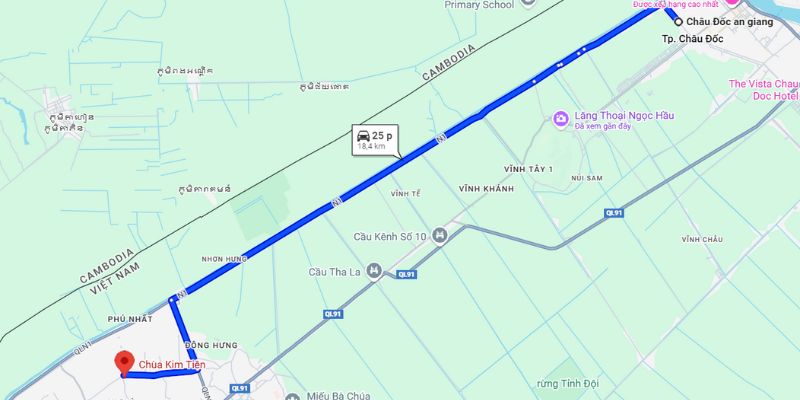 Lộ trình di chuyển đến chùa từ trung tâm Châu Đốc