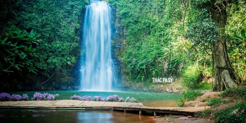 Dòng nước trắng xóa của thác Pa Sỹ nổi bật giữa những tầng đá phủ rêu