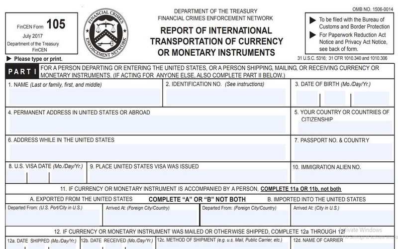 Mẫu đơn 105: Report of International Transportation of Currency or Monetary Instruments