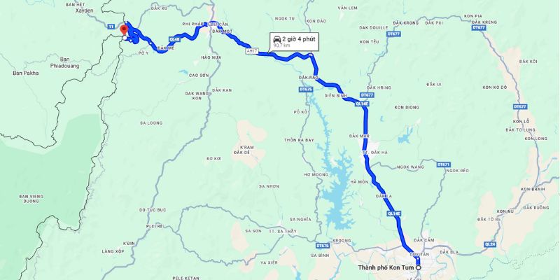 Lộ trình di chuyển từ trung tâm Kon Tum đến ngã ba