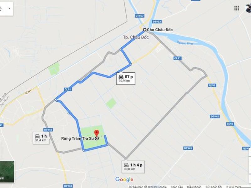 Quãng đường từ thành phố Châu Đốc đến khu du lịch