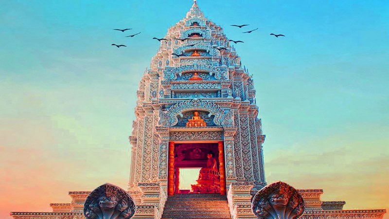 Tòa bảo tháp có lối kiến trúc đặc trưng Khmer